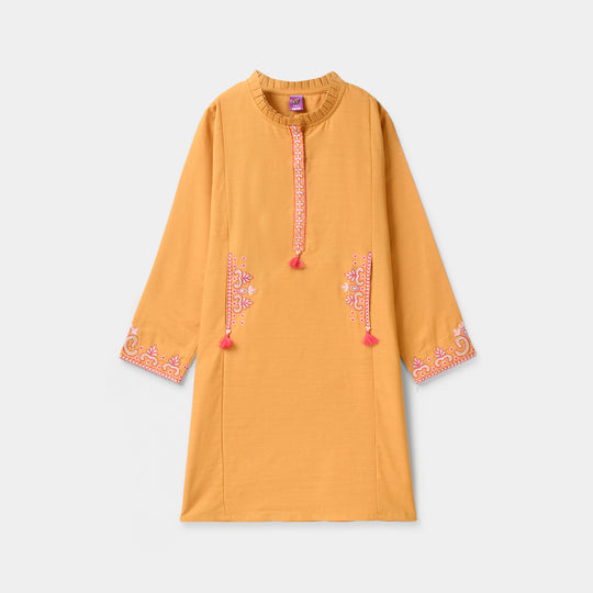 Girls Slub Jersey Embroidered Kurti - Mustard