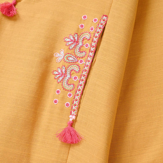 Girls Slub Jersey Embroidered Kurti - Mustard