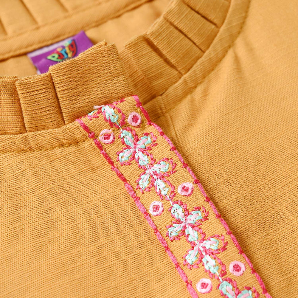 Girls Slub Jersey Embroidered Kurti - Mustard