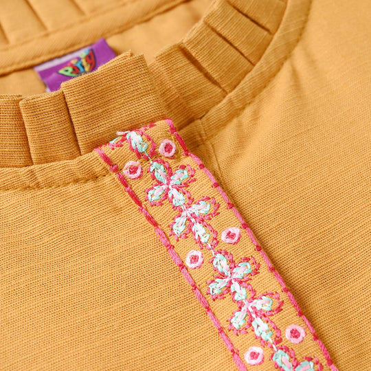 Girls Slub Jersey Embroidered Kurti - Mustard