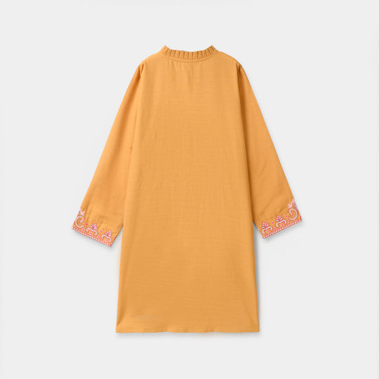Girls Slub Jersey Embroidered Kurti - Mustard