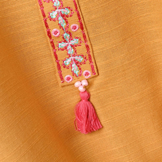 Girls Slub Jersey Embroidered Kurti - Mustard