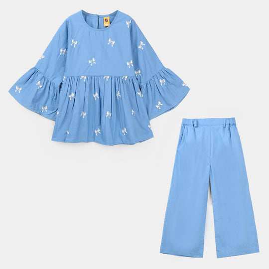Girls Cotton Embroidered CO-Ord Set - Blue