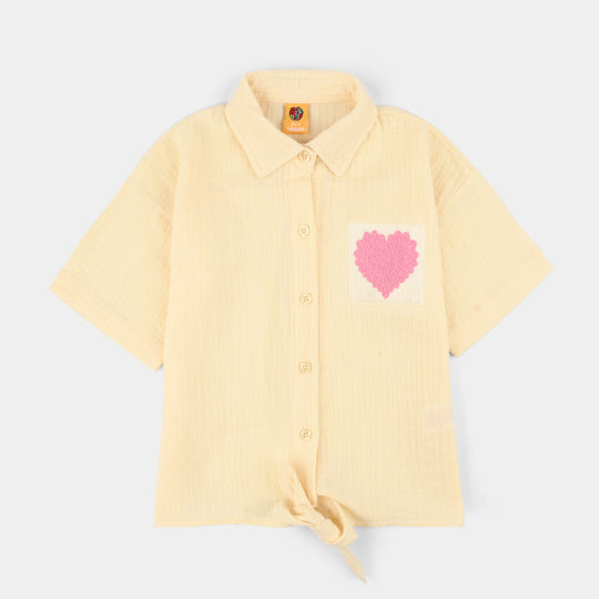 Girls Cotton Embroidered Top (Heart) - Yellow