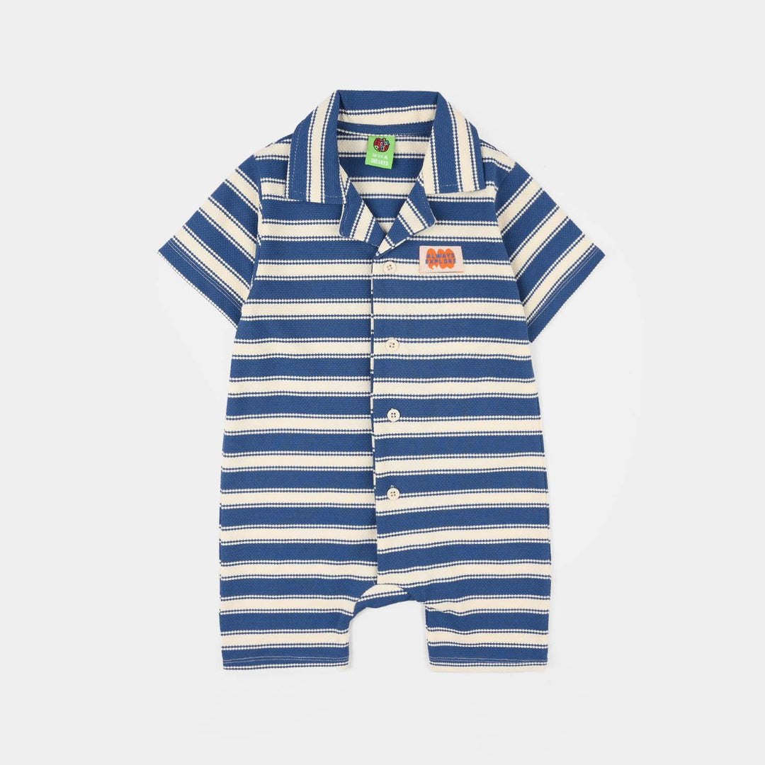 Infant Boys Jumbo Pique Knitted Romper - Blue/White