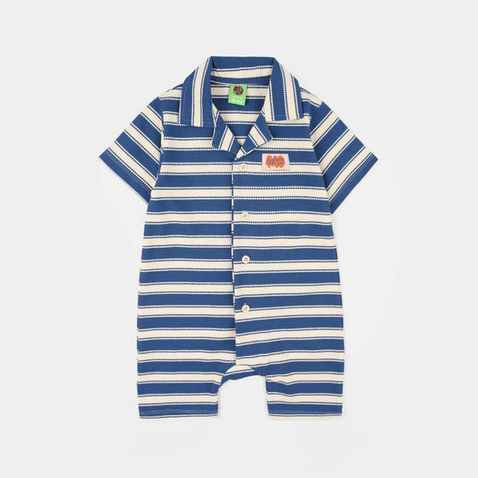 Infant Boys Jumbo Pique Knitted Romper - Blue/White