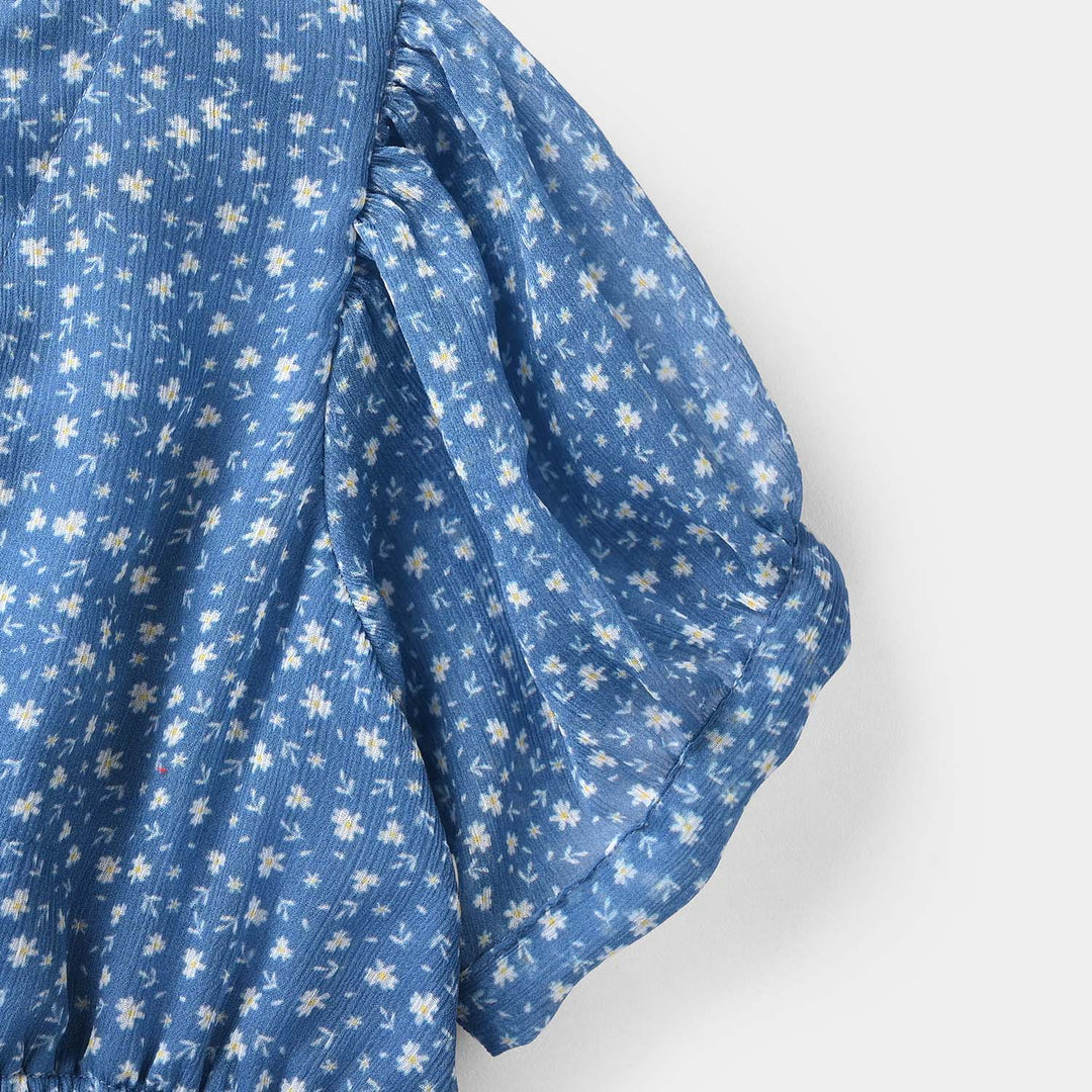 Girls Chiffon Casual Floral Frock - Blue