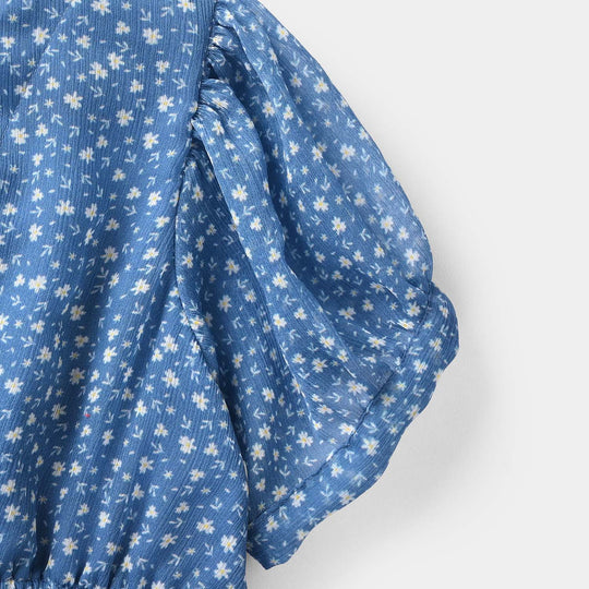Girls Chiffon Casual Floral Frock - Blue