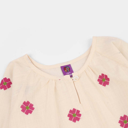 Girls Cotton Slub Embroidered Top (Criss Cross) - Ivory