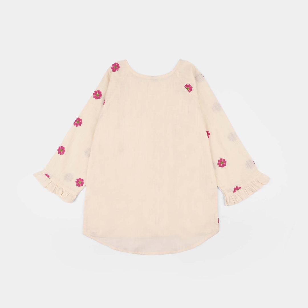 Girls Cotton Slub Embroidered Top (Criss Cross) - Ivory