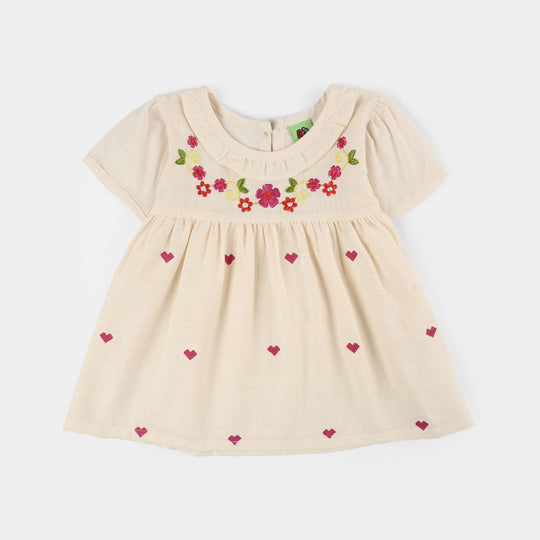 Infant Girls Cotton Slub Embroidered Top (Pink Flowers) - Beige