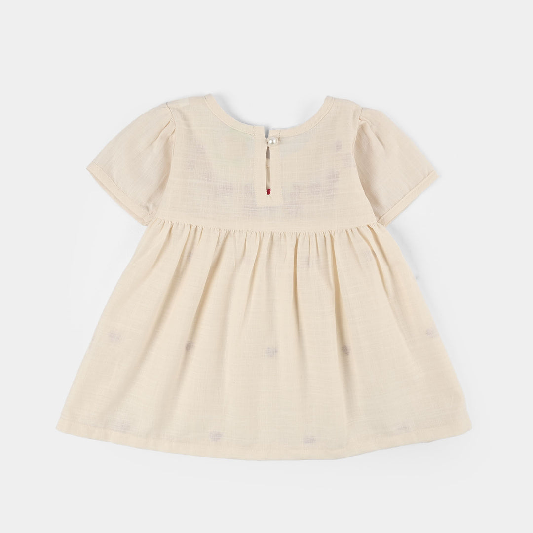 Infant Girls Cotton Slub Embroidered Top (Pink Flowers) - Beige