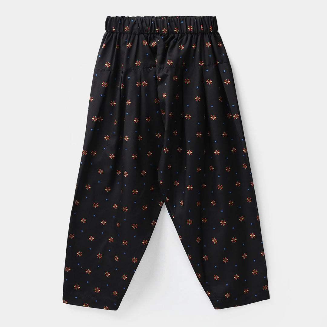 Girls Poly Satin Printed Shalwar - Black