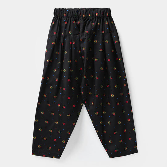 Girls Poly Satin Printed Shalwar - Black