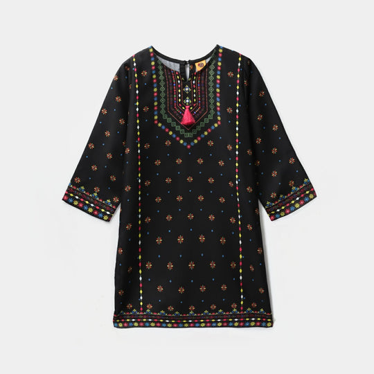 Girls Poly Satin Printed Kurti - Black