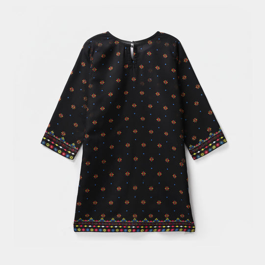 Girls Poly Satin Printed Kurti - Black