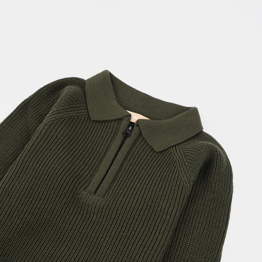 Boys Acrylic Sweater-F/S Polo-Olive