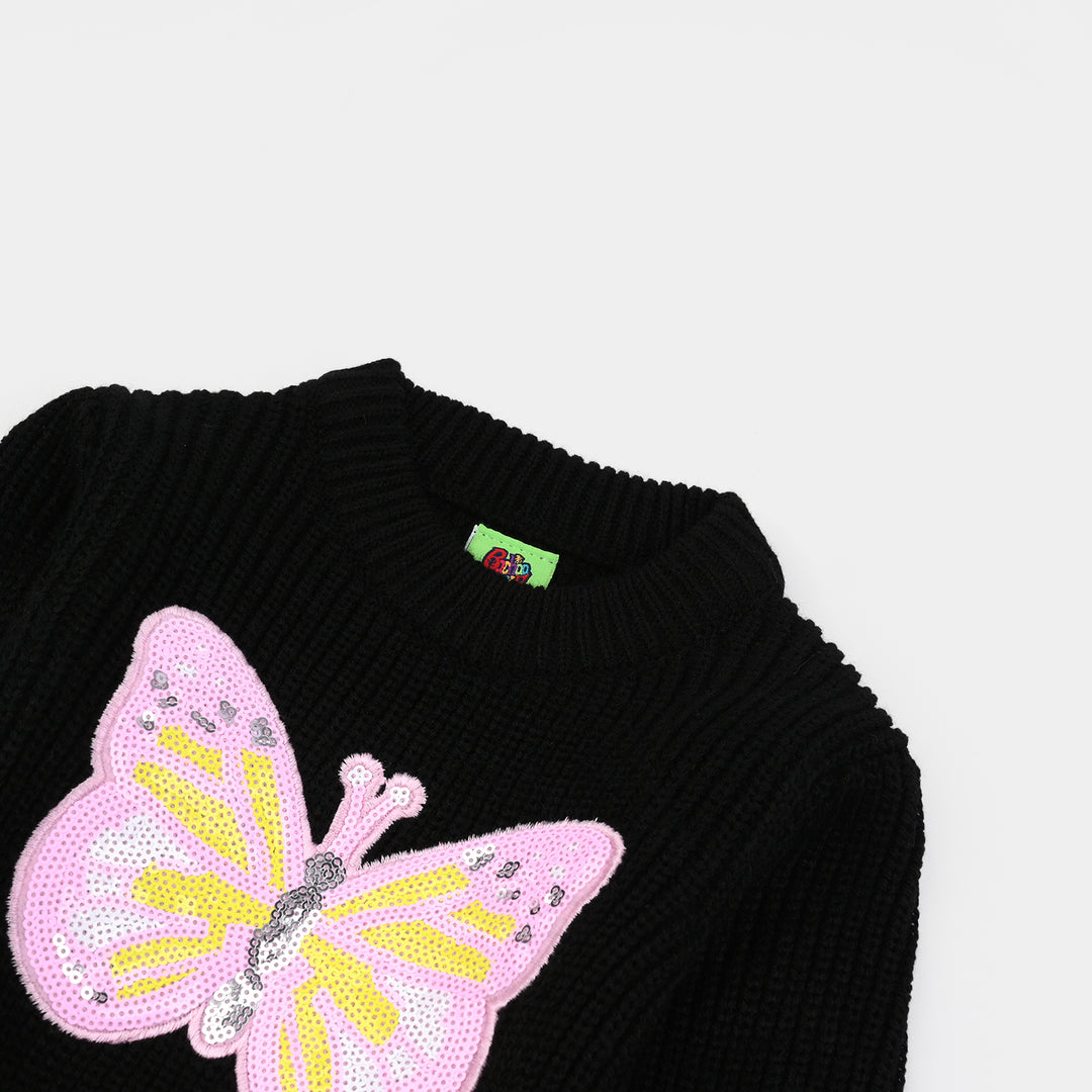 Infant Girls Acrylic Sweater-Butterfly-BLACK