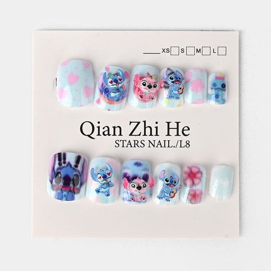 Cartoon Nail Set – Cute Blue & Pink Designs