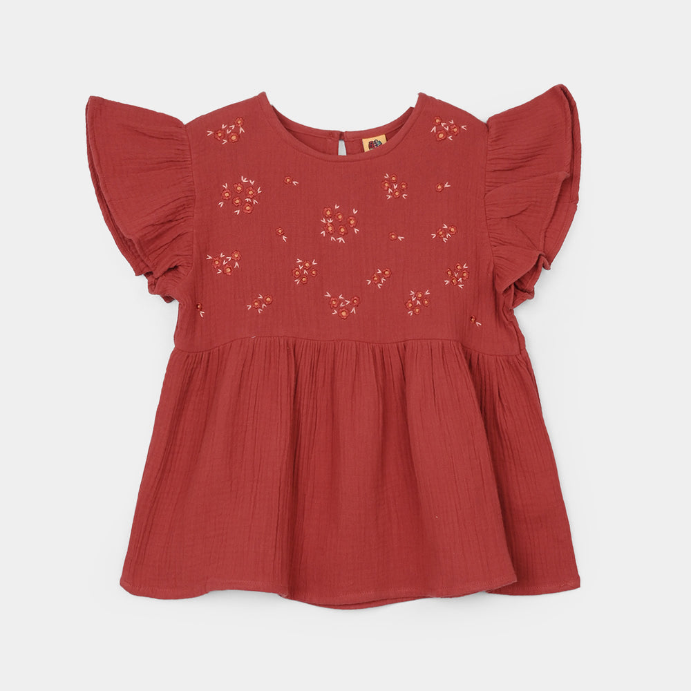 Girls Cotton Emb Co-Ord Set Exotic-Rust