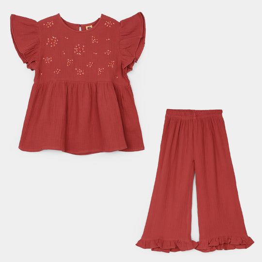 Girls Cotton Emb Co-Ord Set Exotic-Rust