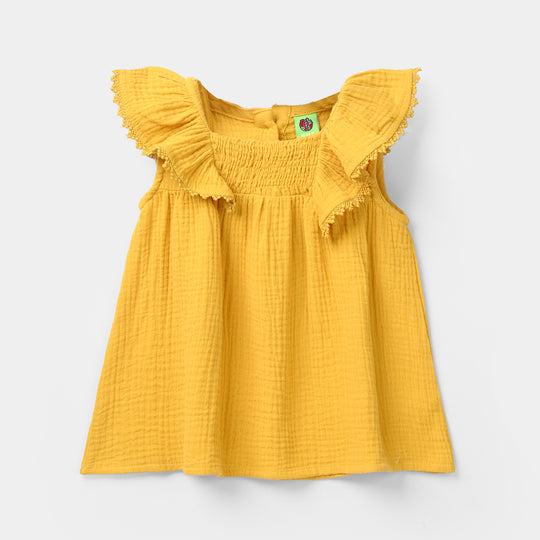 Infant Girls Cotton Casual Frock - Yellow