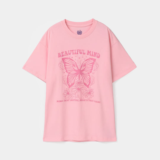 Girls Cotton Jersey T-Shirt (Butterfly) - Pink
