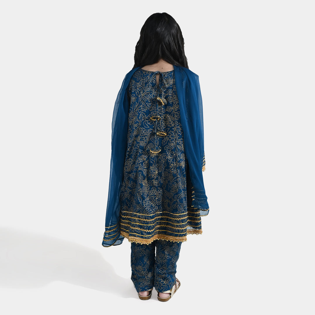 Girls Chiffon 3Pcs (Zarmeena) – Teal Green