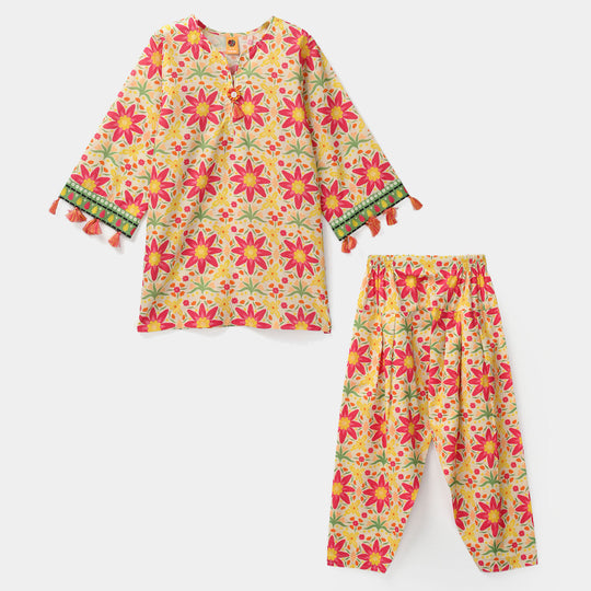 Girls Cotton Printed 2Pcs Suit - Multi