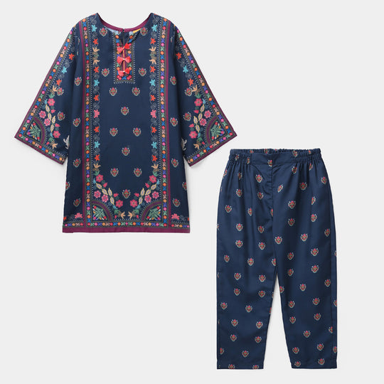 Girls Poly Twill Printed 2Pcs - Blue