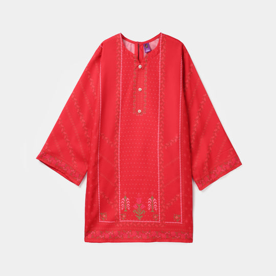 Girls Poly Twill Printed Kurti - Shocking Pink