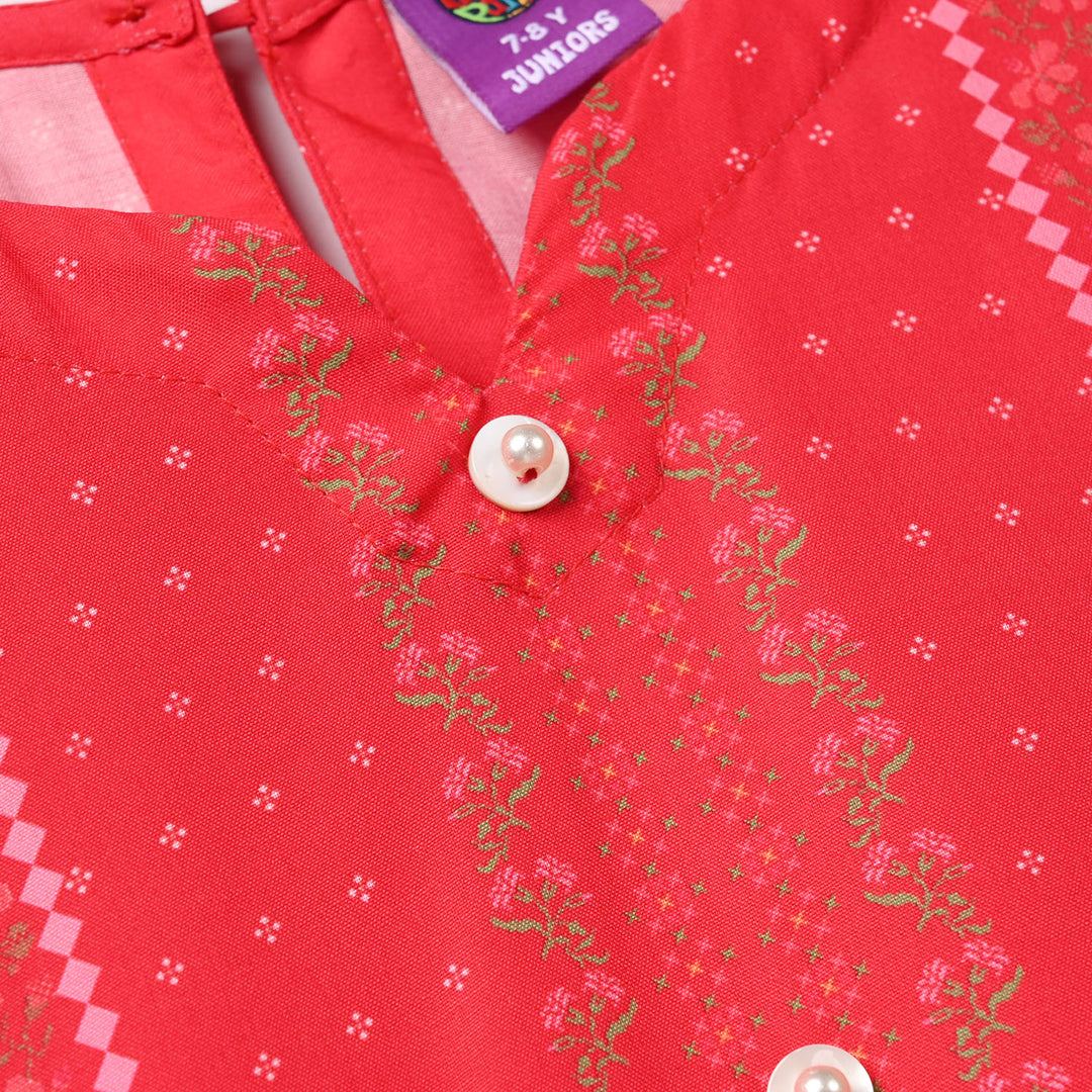 Girls Poly Twill Printed Kurti - Shocking Pink