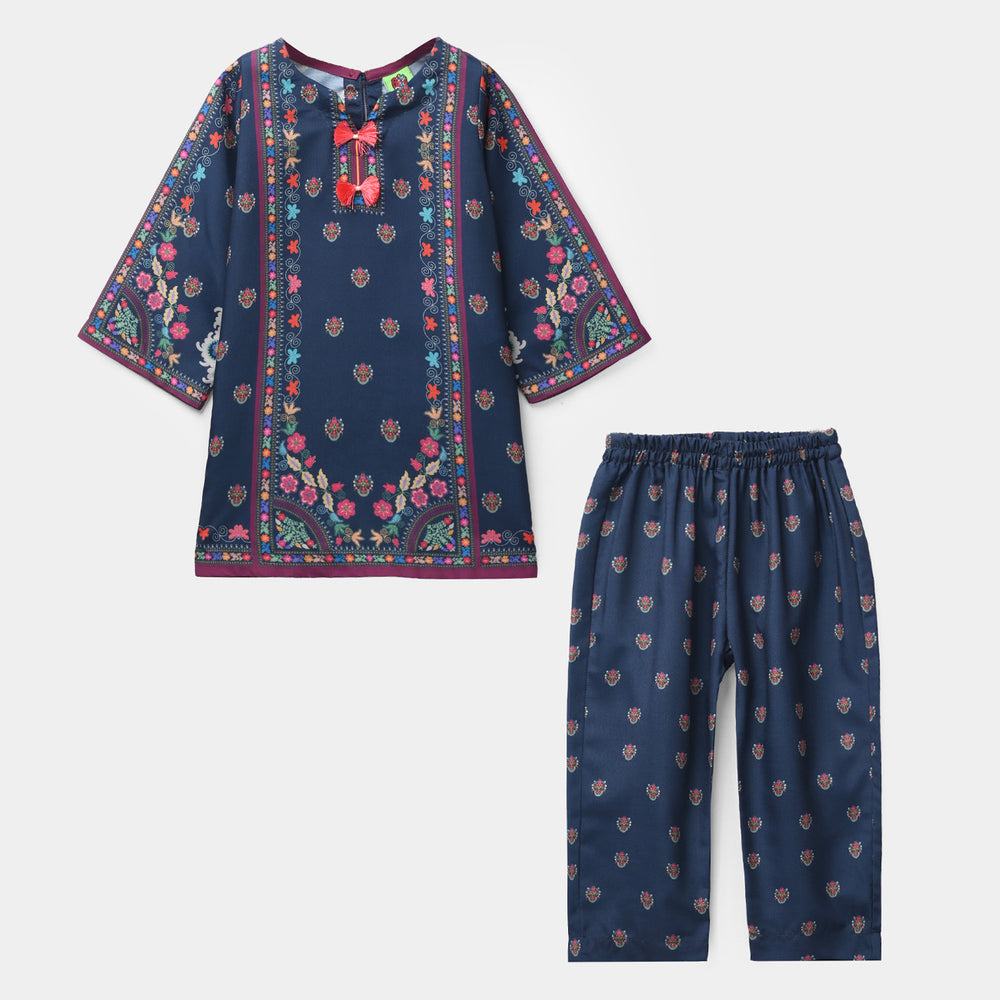 Infant Girls Poly Twill Printed 2Pcs - Blue