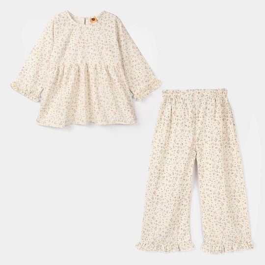 Girls Cotton Co-Ord Set (Midnight Flower) – Off White