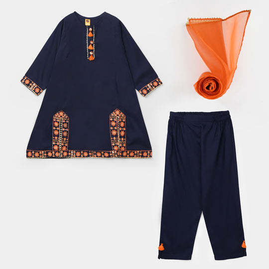 Girls Poly Cambric 3Pcs Suit-Navy Blue