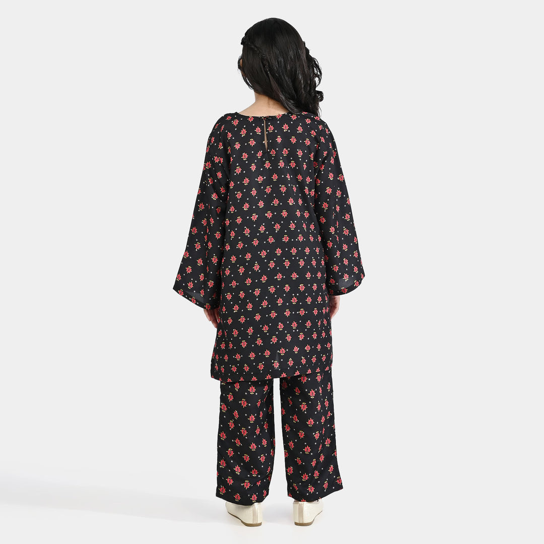 Girls Poly Mesh Printed 2Pcs Pearls-BLACK