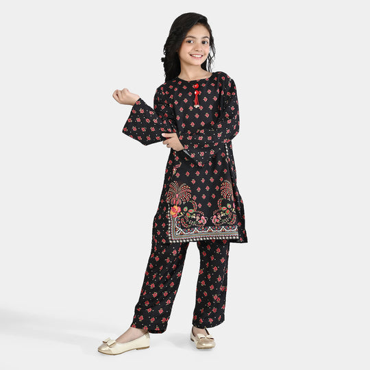 Girls Poly Mesh Printed 2Pcs Pearls-BLACK