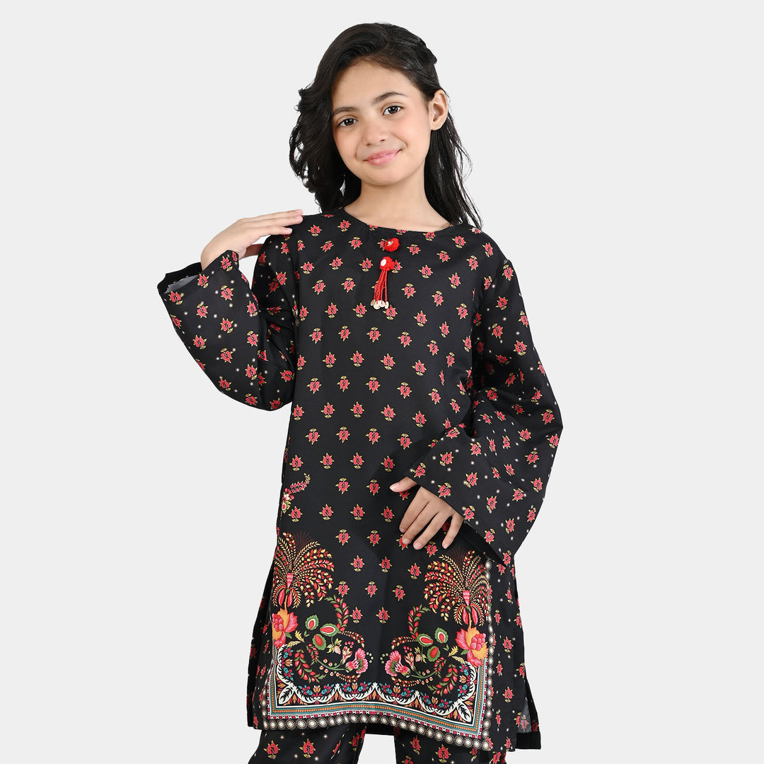 Girls Poly Mesh Printed 2Pcs Pearls-BLACK