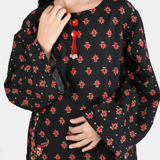 Girls Poly Mesh Printed 2Pcs Pearls-BLACK