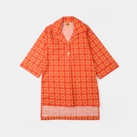 Girls Cotton Printed Kurti - Orange