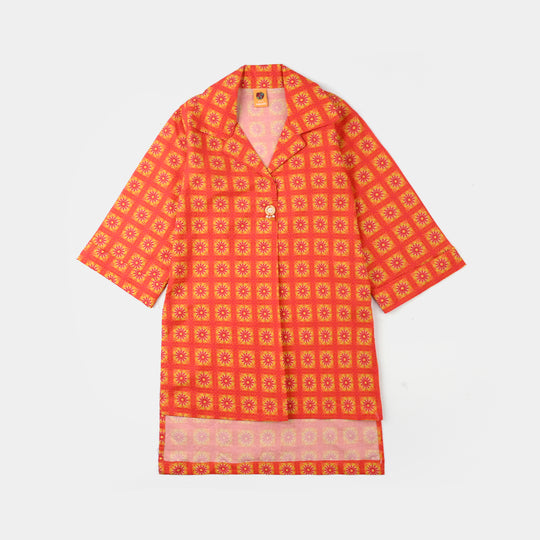 Girls Cotton Printed Kurti - Orange