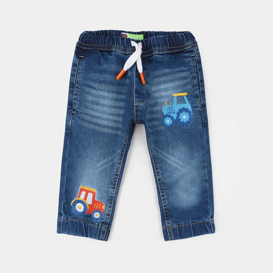 Infant Boys Denim Viscose Pants (Car Embroidered Truck) - Mid Blue