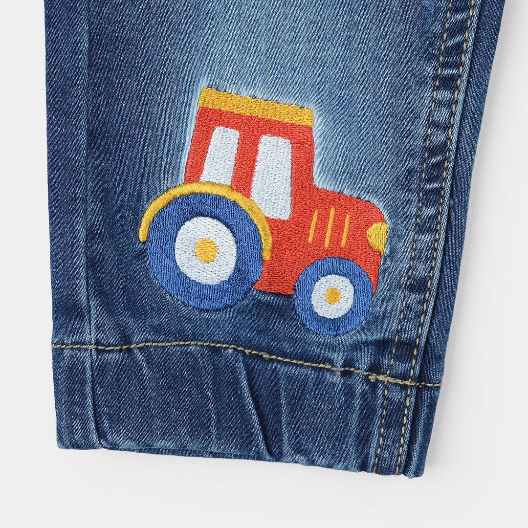 Infant Boys Denim Viscose Pants (Car Embroidered Truck) - Mid Blue