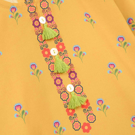 Girls Poly Mesh Printed 2 Pcs - Mustard