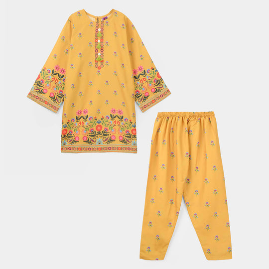 Girls Poly Mesh Printed 2 Pcs - Mustard