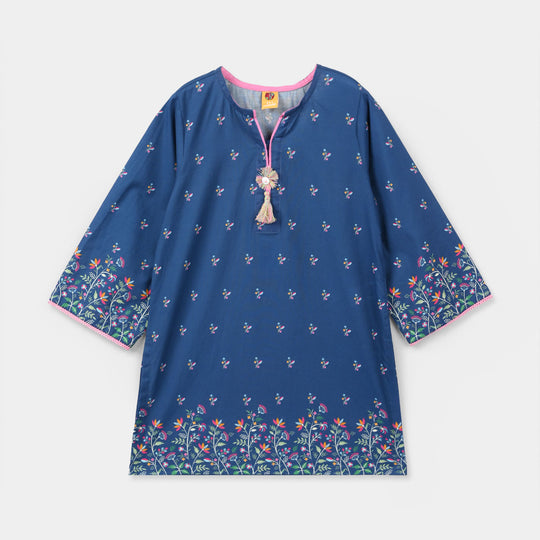 Girls Cotton Poplin Printed Floral Kurti - Blue
