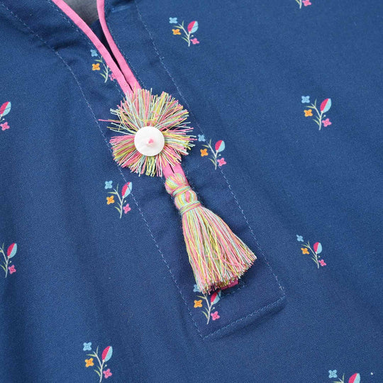 Girls Cotton Poplin Printed Floral Kurti - Blue