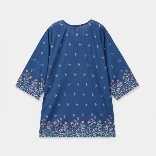 Girls Cotton Poplin Printed Floral Kurti - Blue