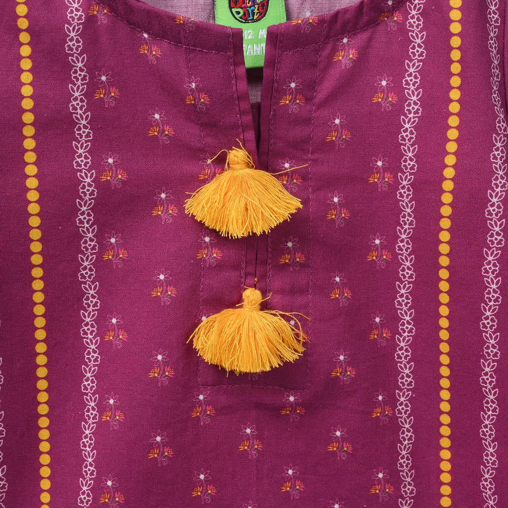 Infant Girls Cotton Poplin Printed Kurti - Plum/Purple
