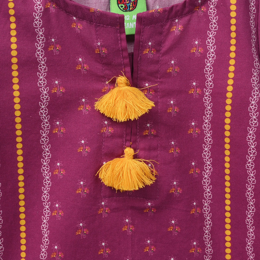 Infant Girls Cotton Poplin Printed Kurti - Plum/Purple